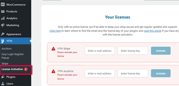 YITH license activation