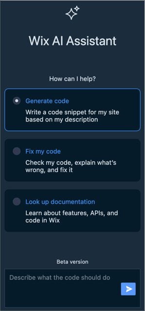 Wix AI assistant requesting an action to generate or edit code.