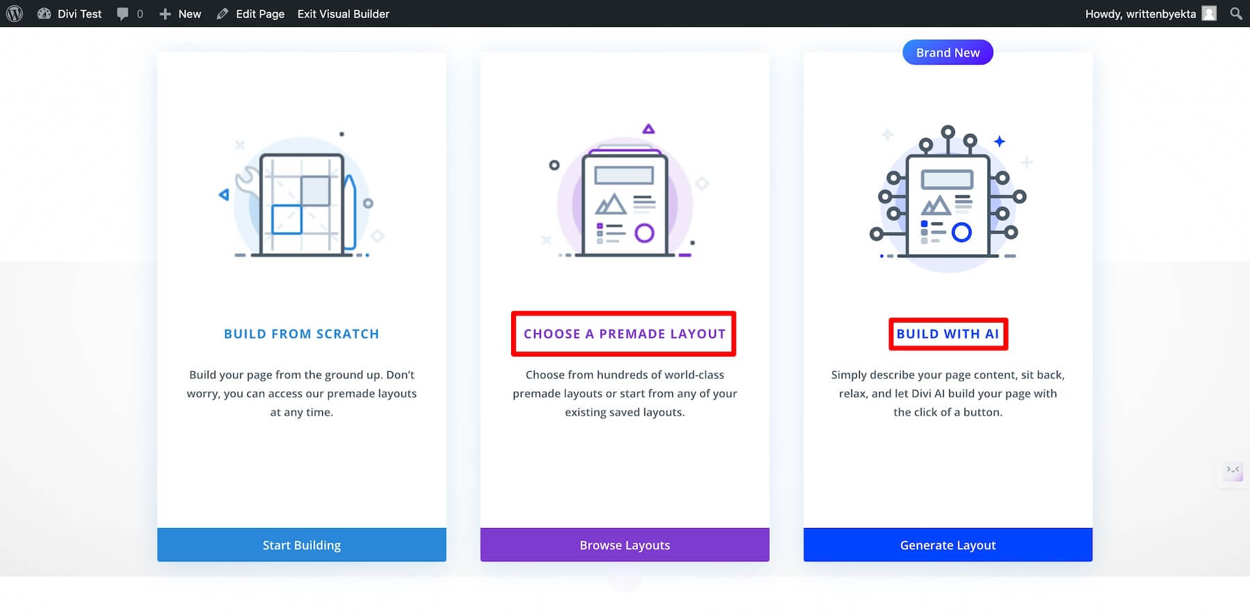 Divi builder option to choose a premade layout or generate one with AI