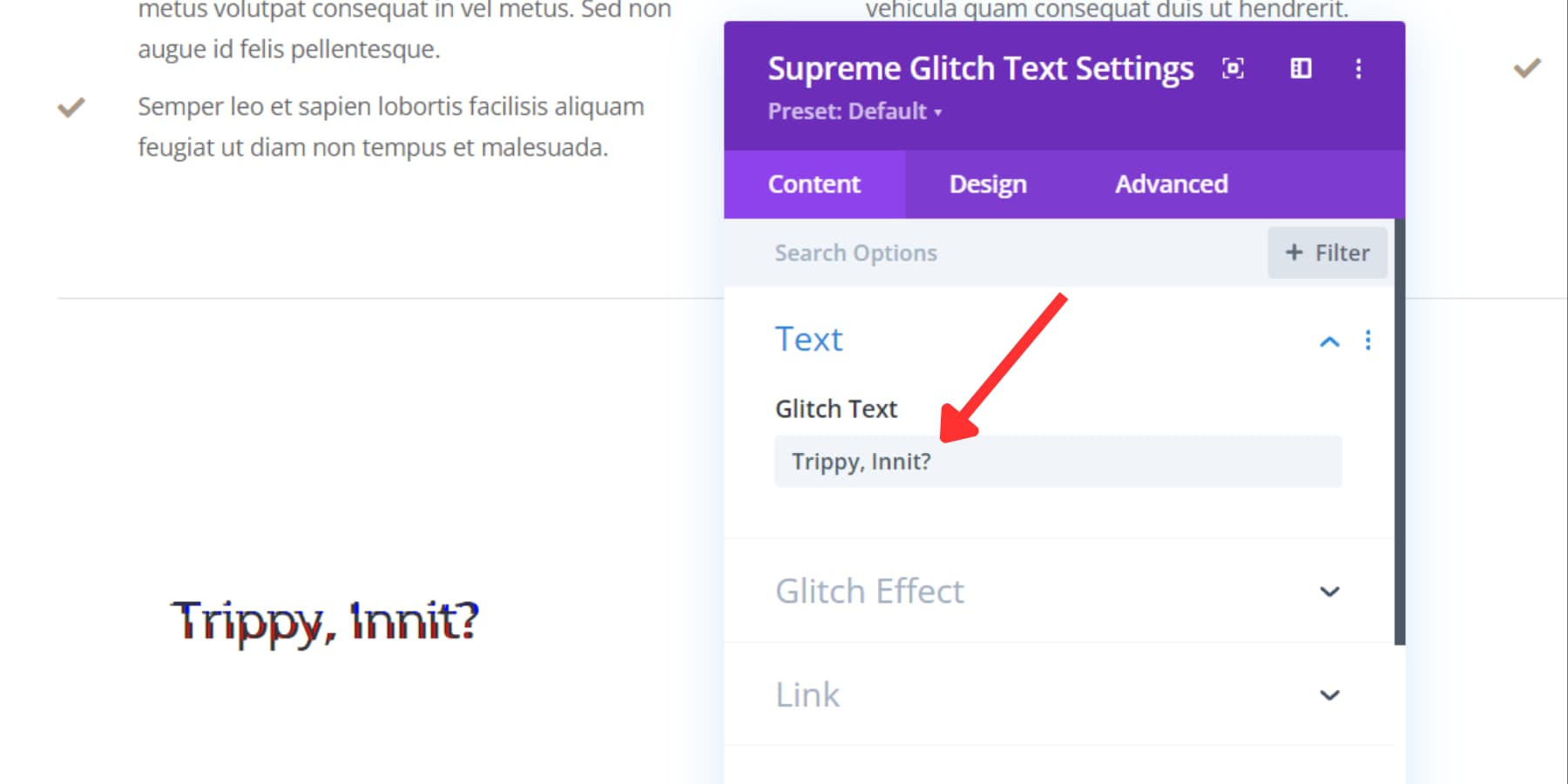 A screenshot of Divi Supreme Pro's Glitch Text