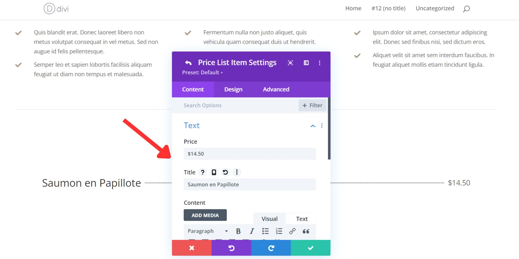 A screenshot of Divi Supreme Pro's Price List Module Settings