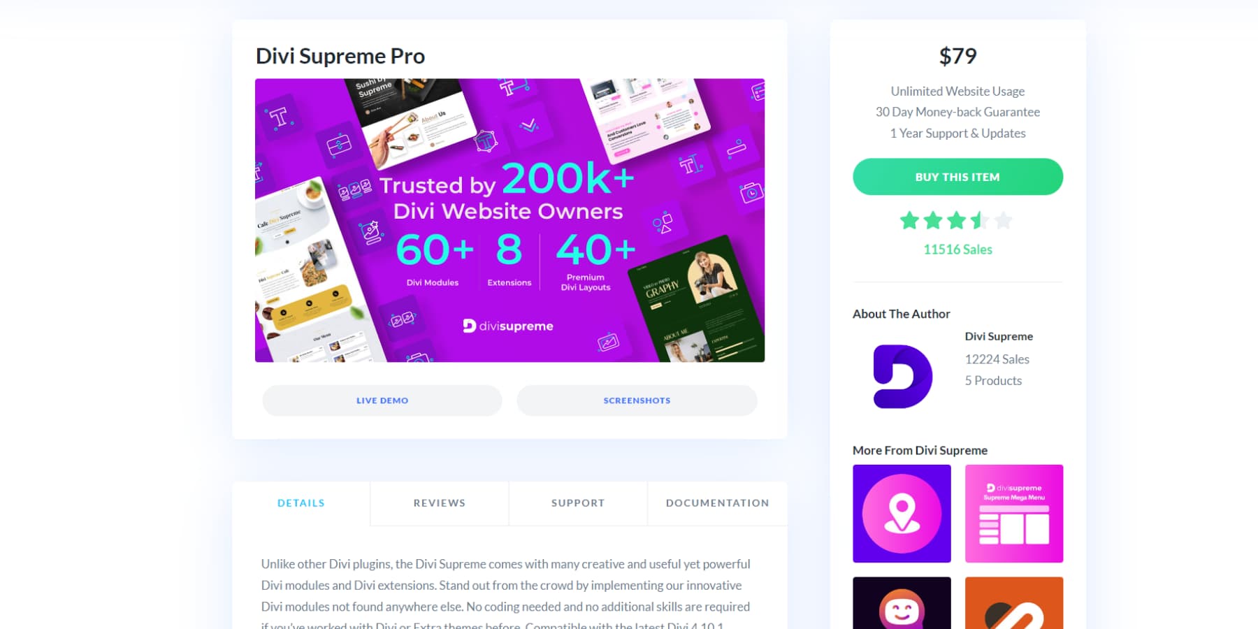 A screenshot of Divi Supreme Pro's listing on Divi Marketplace