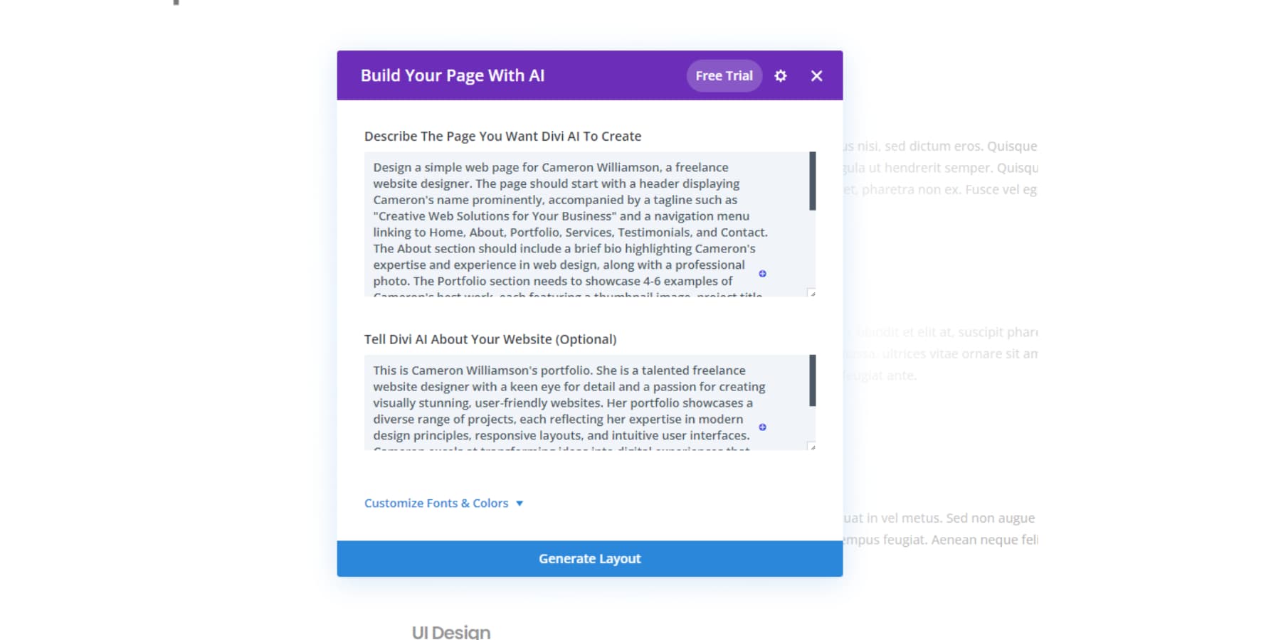 A screenshot of Divi's AI options to build a website