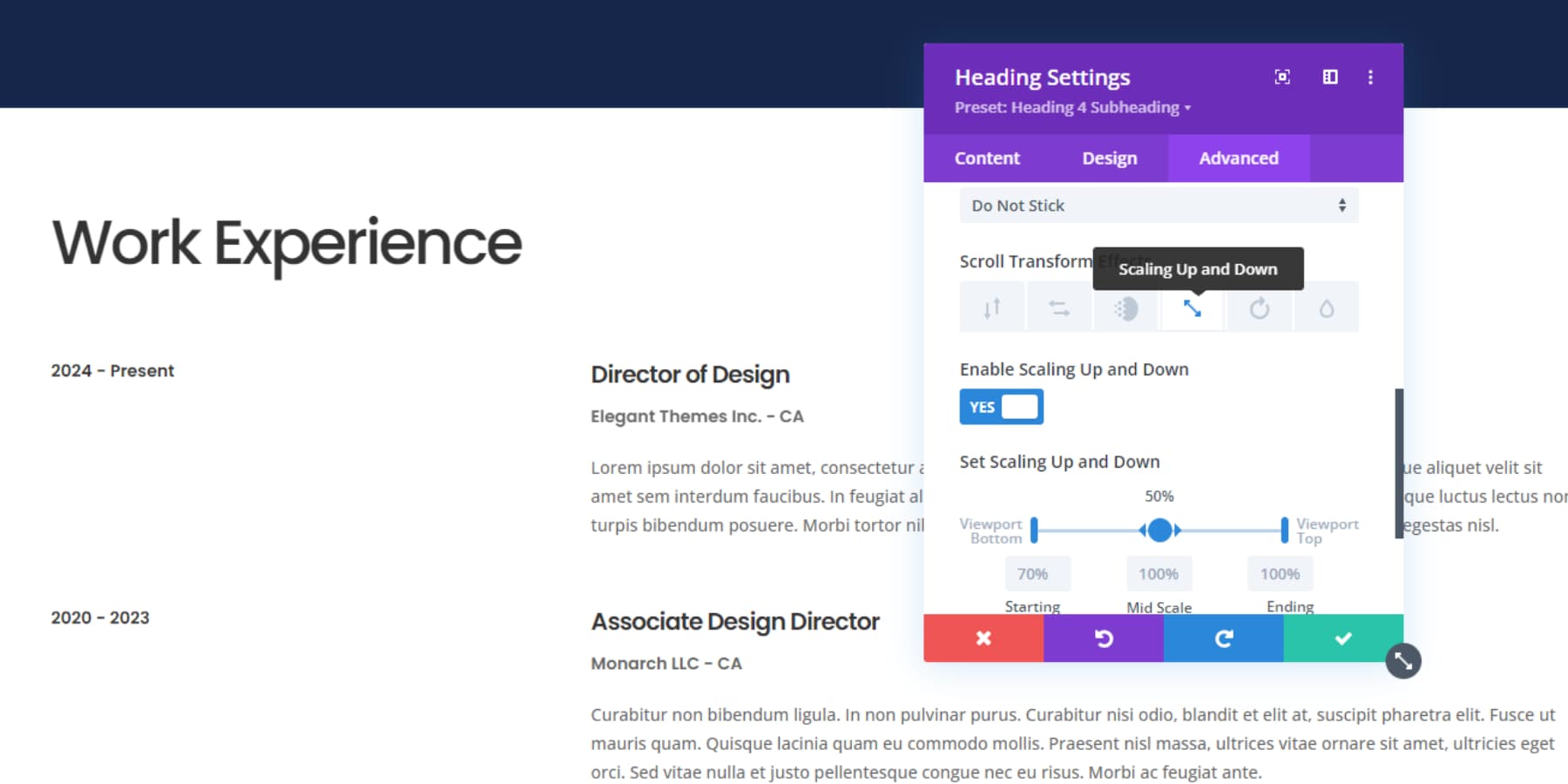 A screenshot of Divi's animations and related options