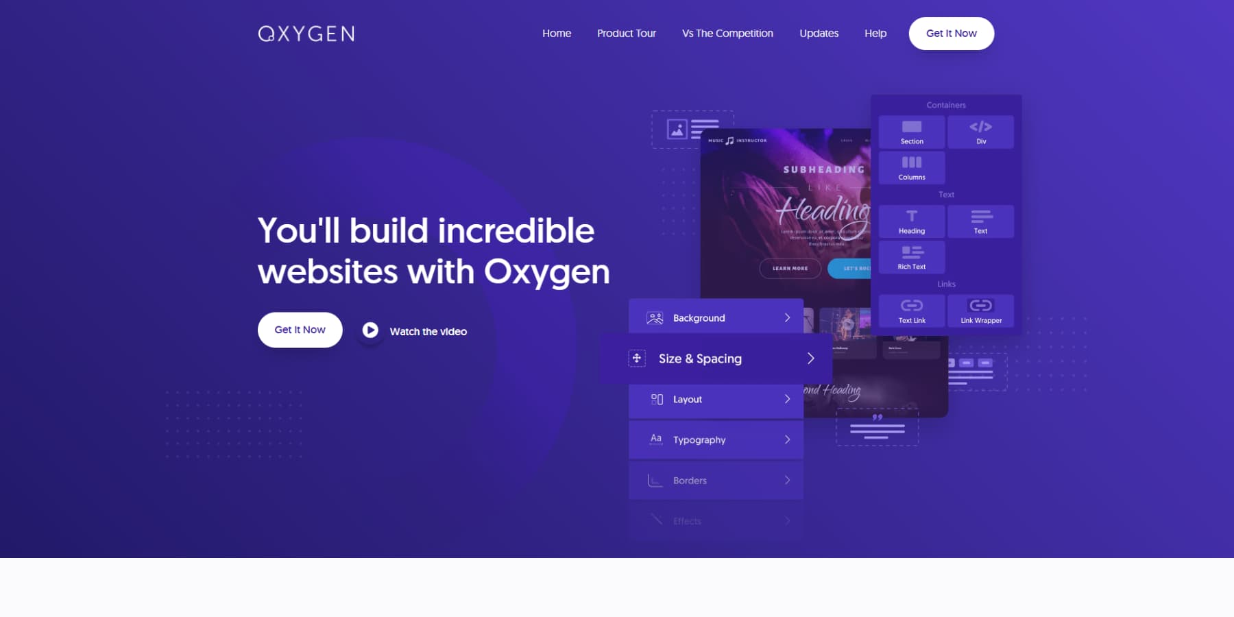 A screenshot of Oxygen Builder's home page