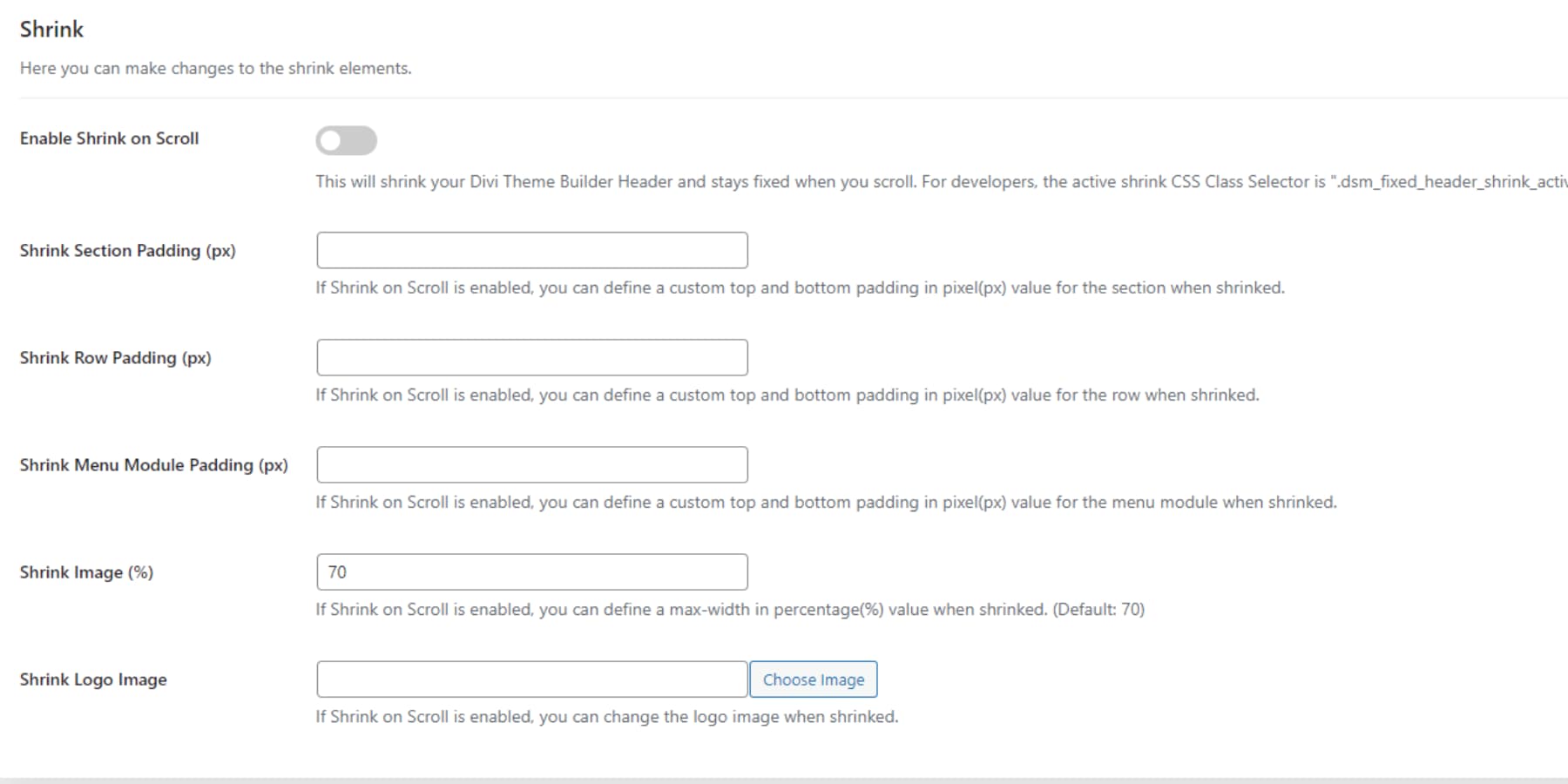 A screenshot of Theme Builder Header's Shrink Options