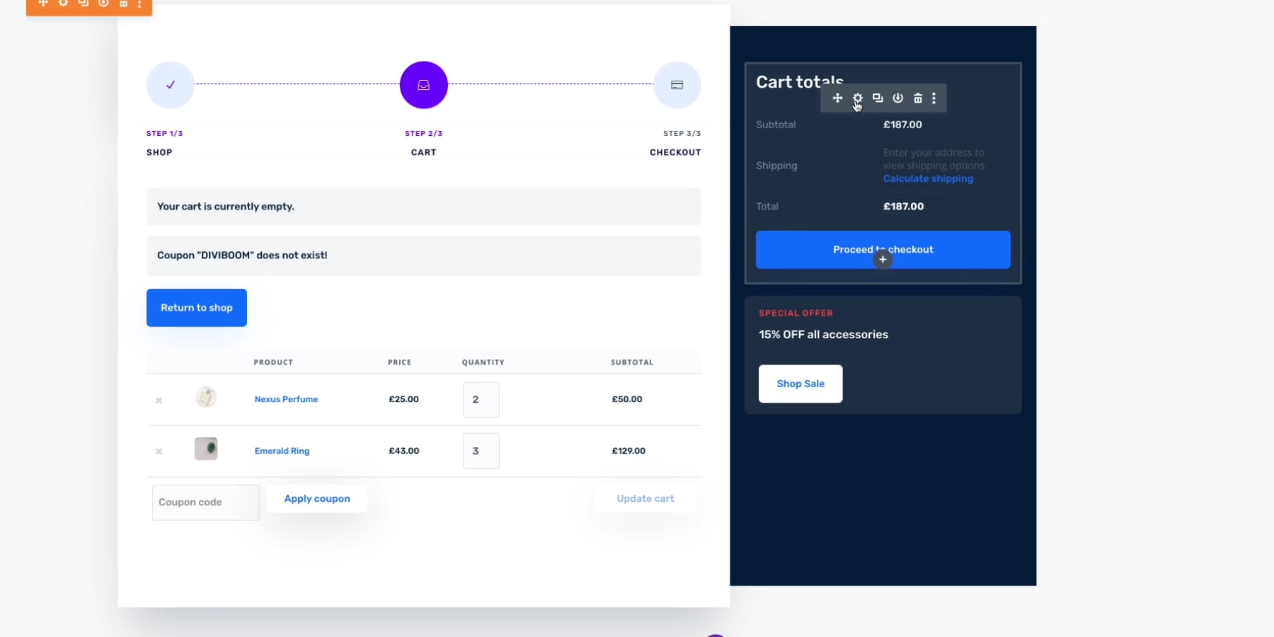 A screenshot of a checkout page being built with Divi