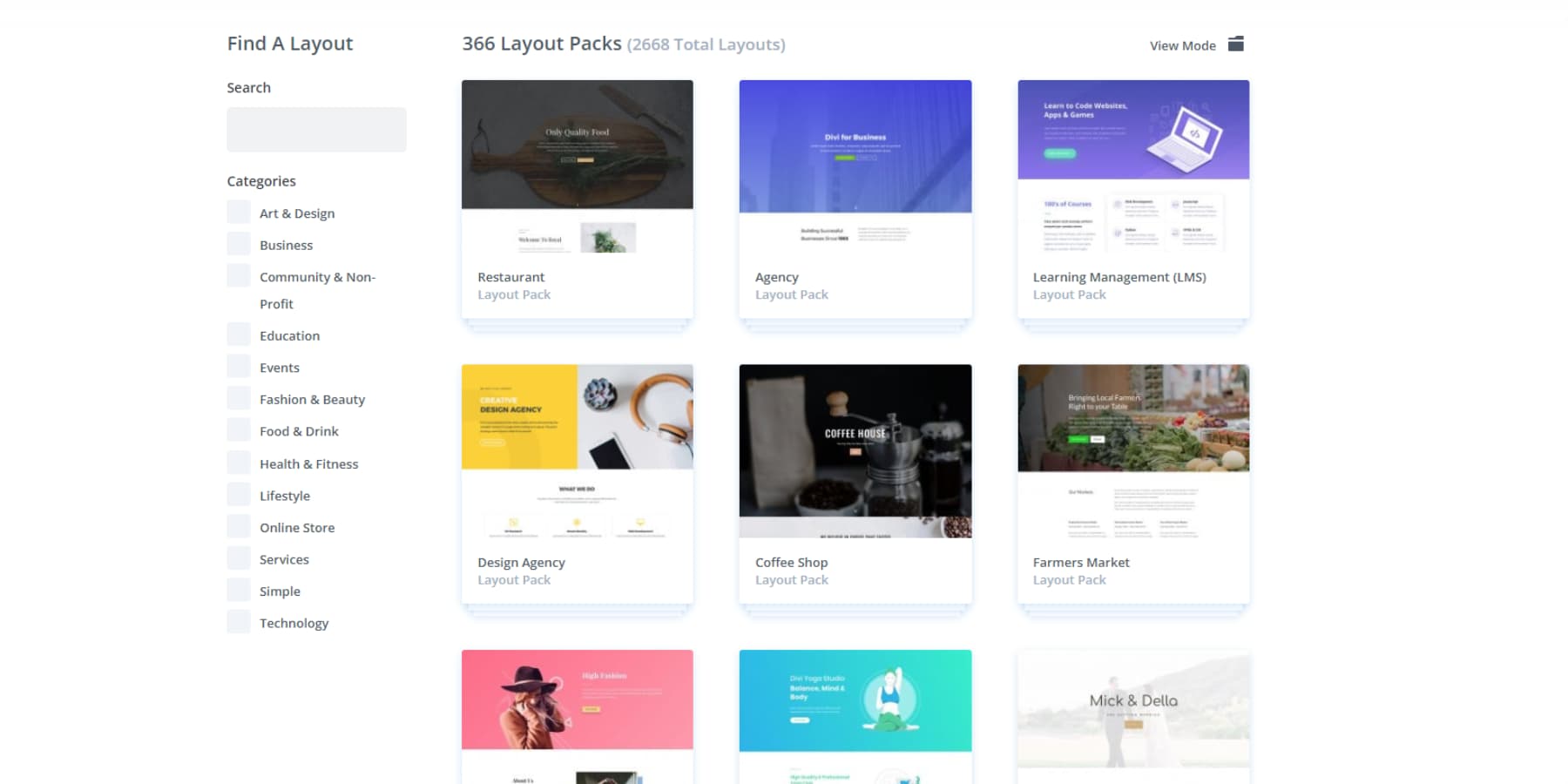 A screenshot of some of Divi's available layouts