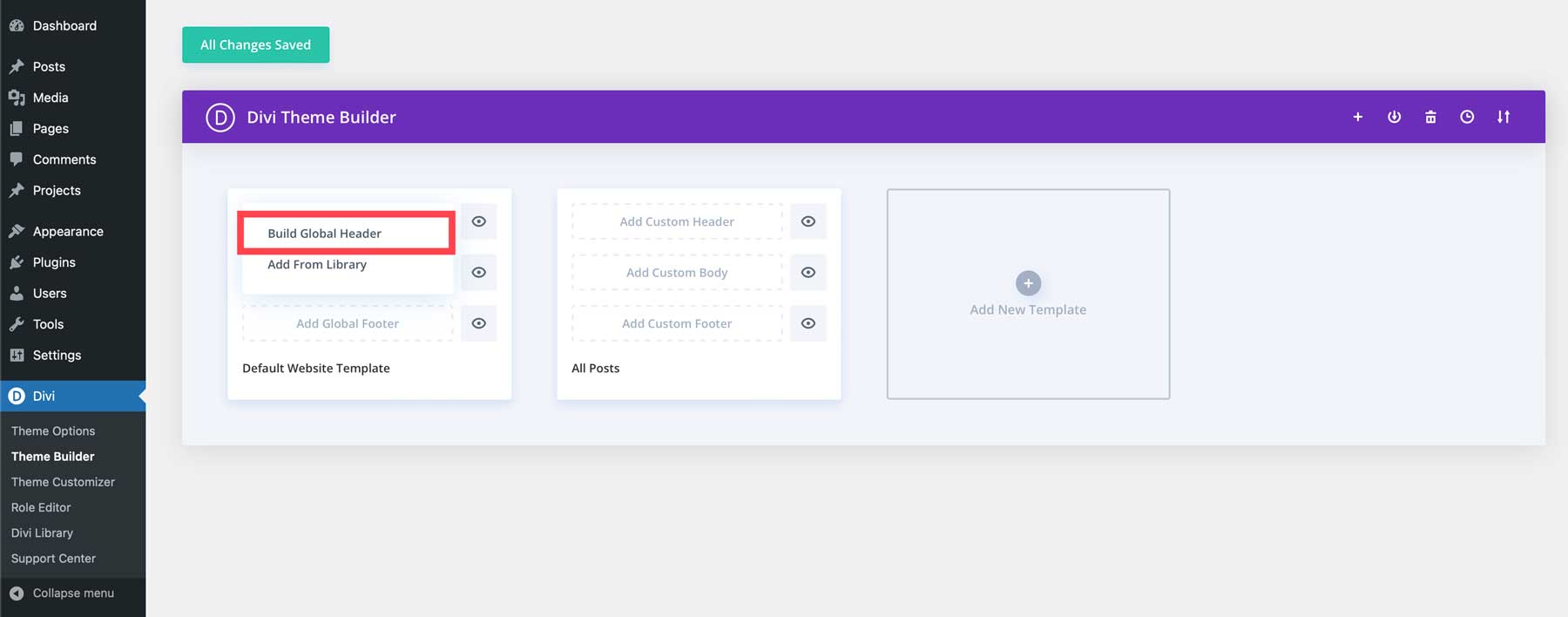build global header with Divi Theme Builder