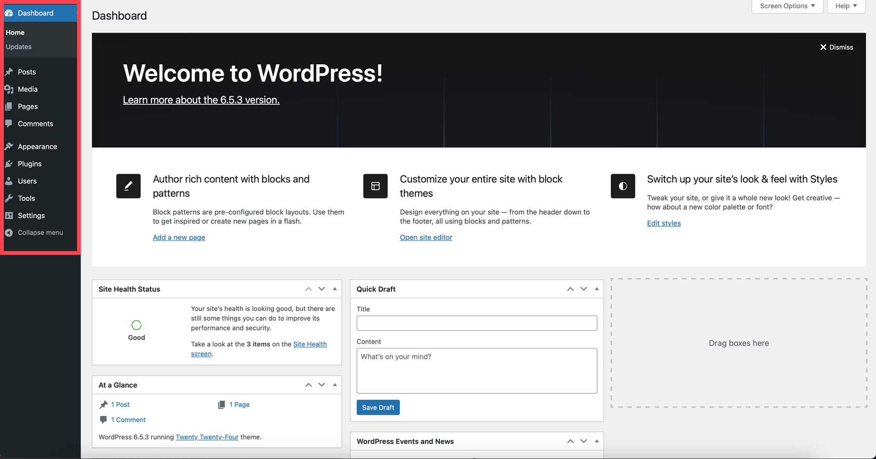 WordPress admin dashboard