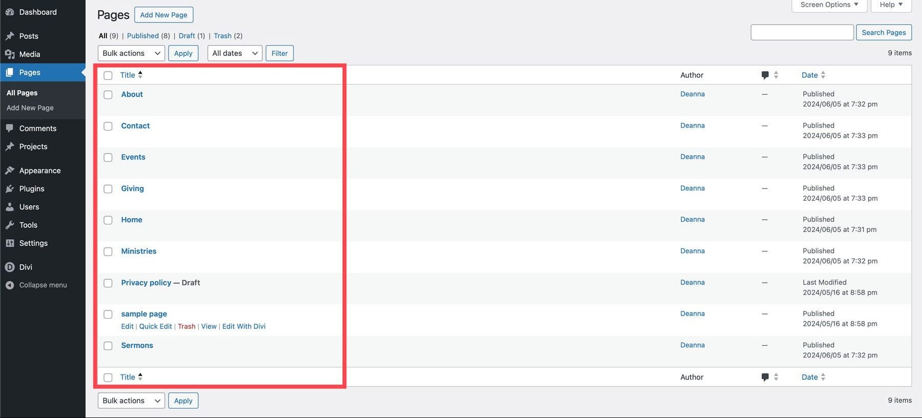 WordPress page structure