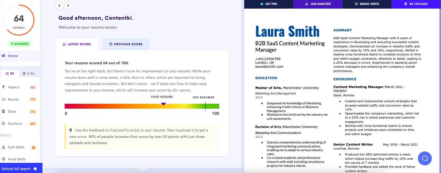 ATS resume template; score I received after updating the CV with suggestions from the resume scanner