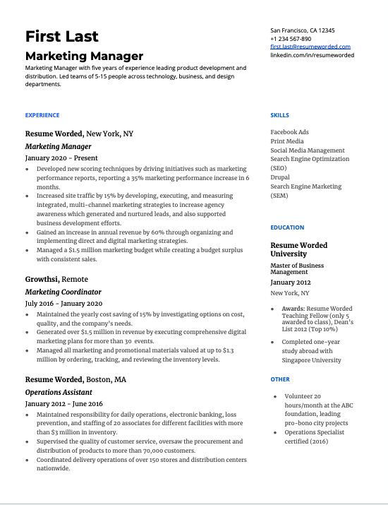 ATS resume template; marketing manager CV 