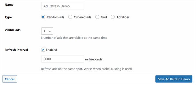 The ad group settings to create a random ad group with Advanced Ads