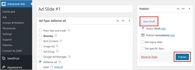 Saving and publishing the ad you created with Advanced Ads