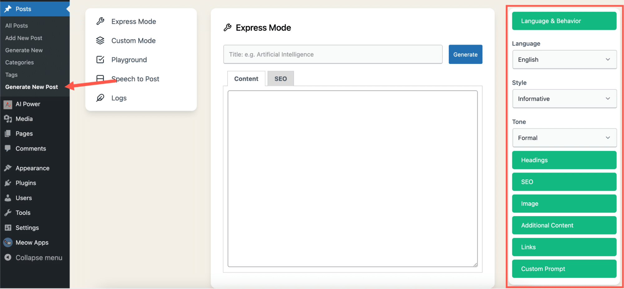 AI Power plugin interface for generating a new post with ChatGPT