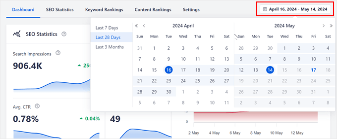Changing the dates in the Search Statistics dashboard in AIOSEO