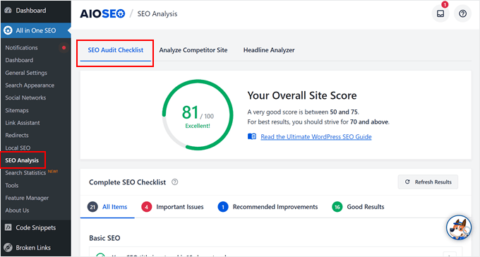 The SEO Audit Checklist dashboard in AIOSEO