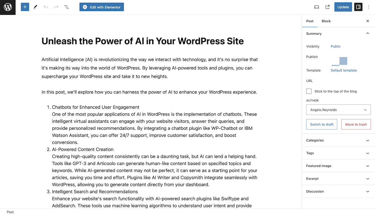 The WordPress Block Editor, showing a blog post titled "Unleash the Power of AI in Your WordPress Site". The content body is full with a list, with the right-hand sidebar visible. In the top toolbar, there’s an Edit with Elementor button alongside the typical Update and preview buttons.