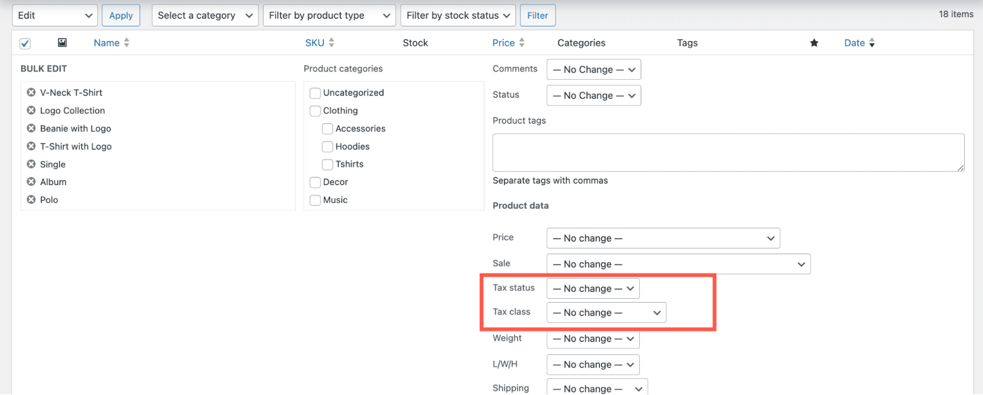 Bulk apply tax rates to your products