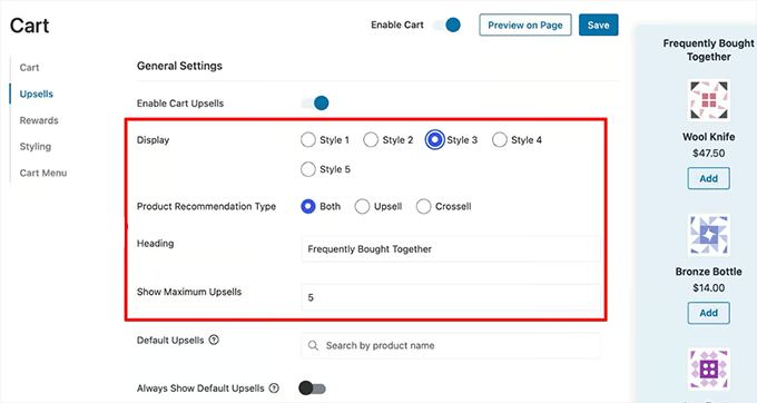 Configure upsell and cross sell settings