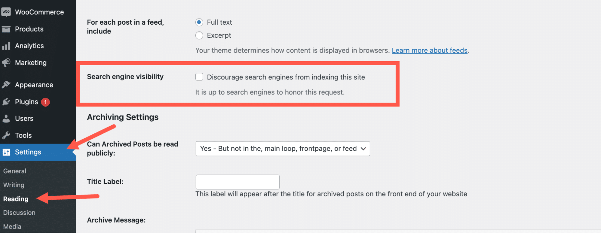 WordPress Reading settings screen to discourage search engines from indexing the site highlighted
