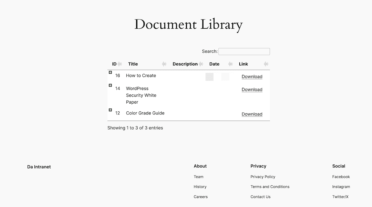 A document library page in WordPress, showing a table with columns for ID, Title, Description, Date, and Link. The page title is "Document Library" and there is a search bar at the top. The table displays 3 documents: "How to Create", "WordPress Security White Paper", and "Color Grade Guide". Below the table are navigation links.