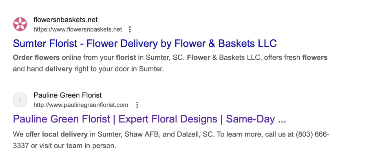 Screenshot showing Flowers & Baskets favicon