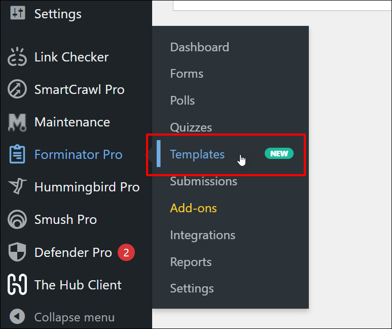 Forminator - Templates menu.