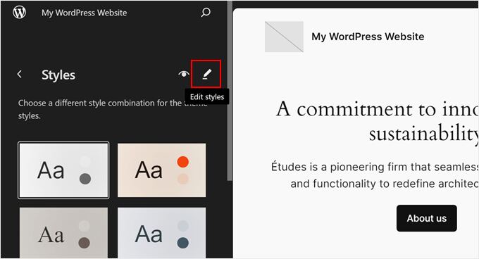 Clicking Edit Styles in Full Site Editor