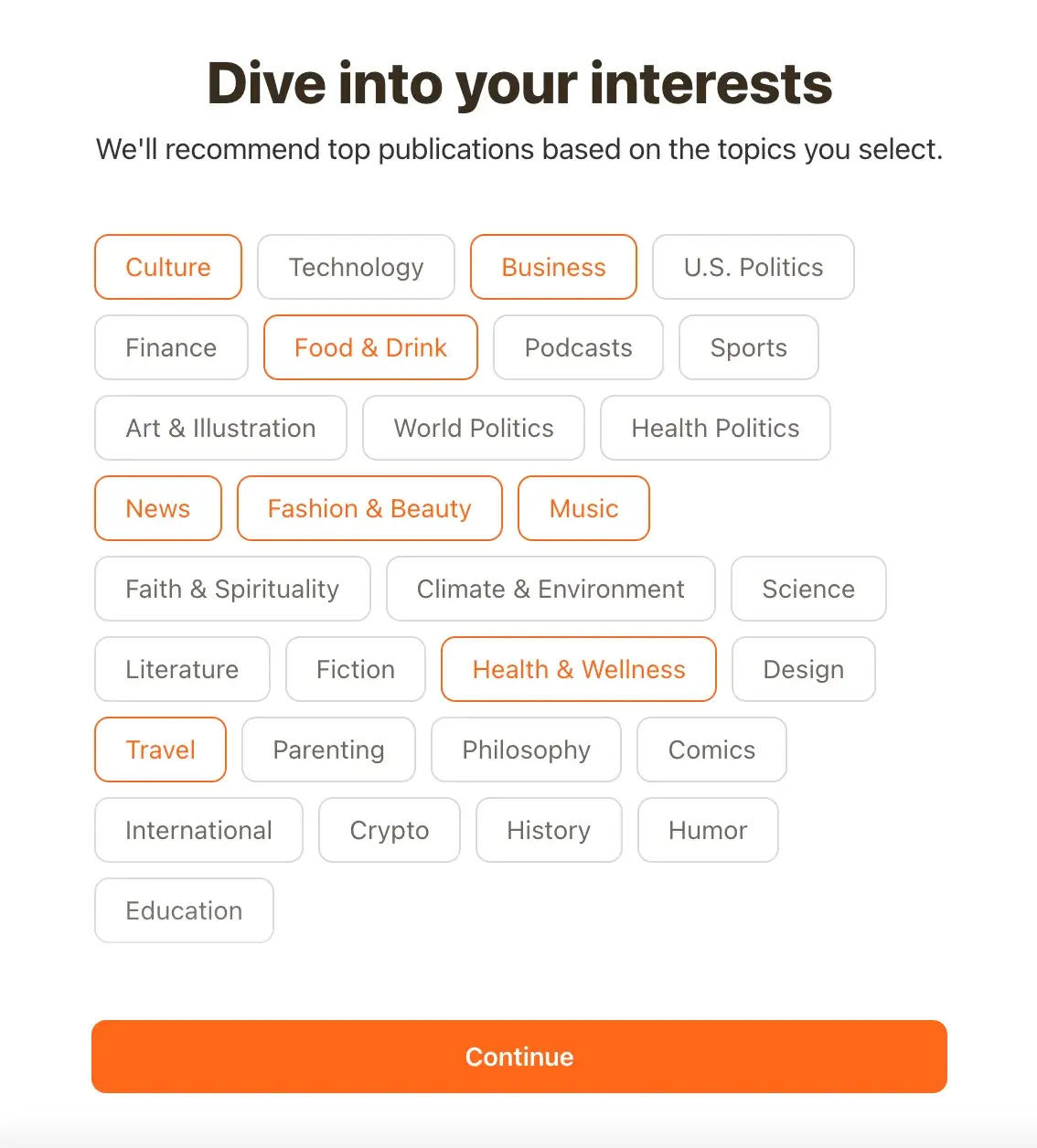 “Dive into your interests” screen, with my favorite topics selected, during set-up.