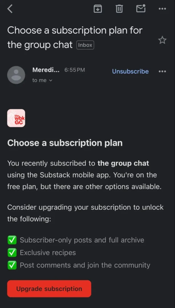 Email notification alerting me to choose a subscription plan for the group chat Substack.