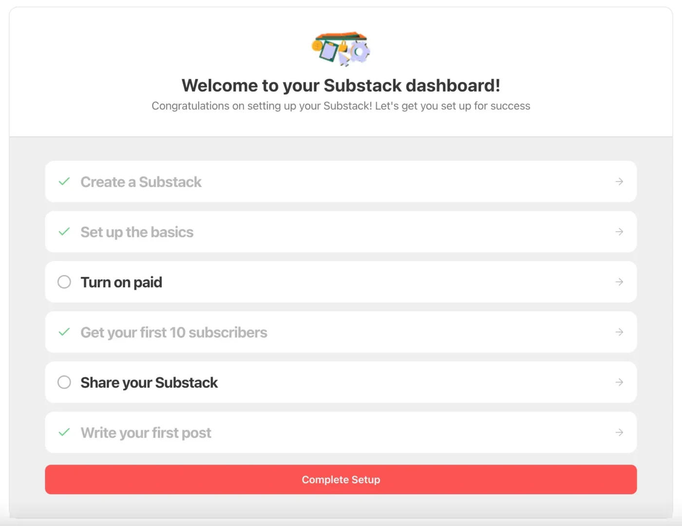 The Substack writer’s dashboard setup tasks.