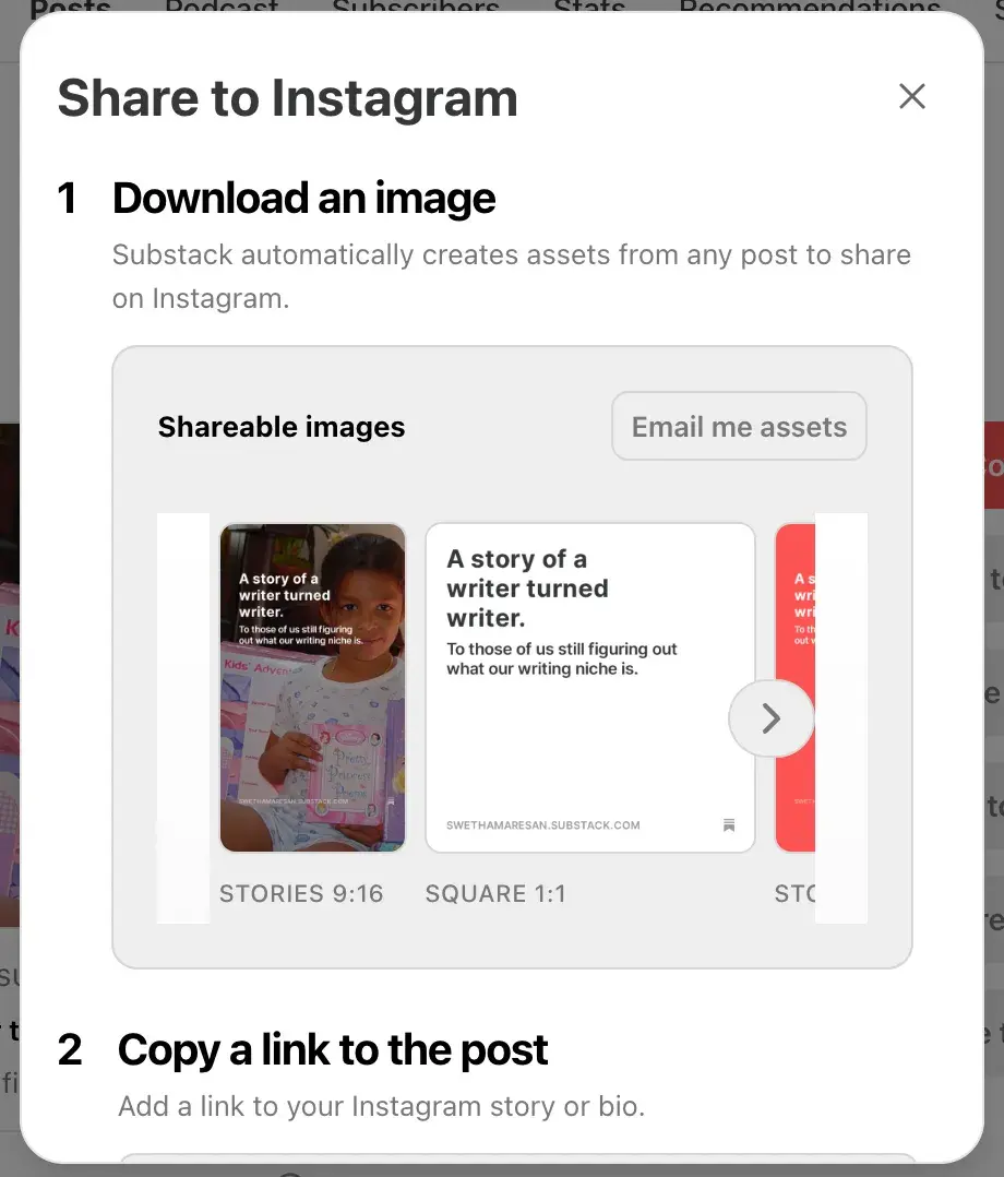 “Share to Instagram” screen with image download options.