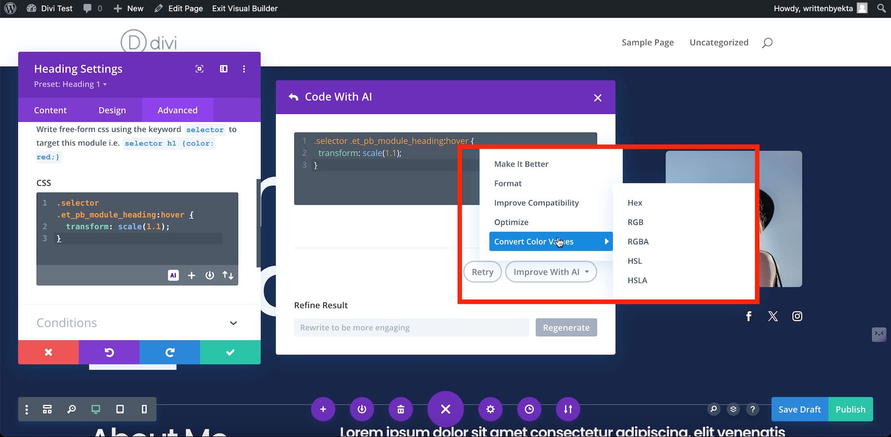 edit code options on Divi Code AI