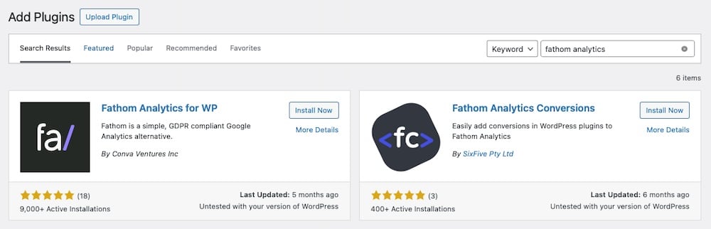 Install the Fathom Analytics for WP plugin on your WordPress site.