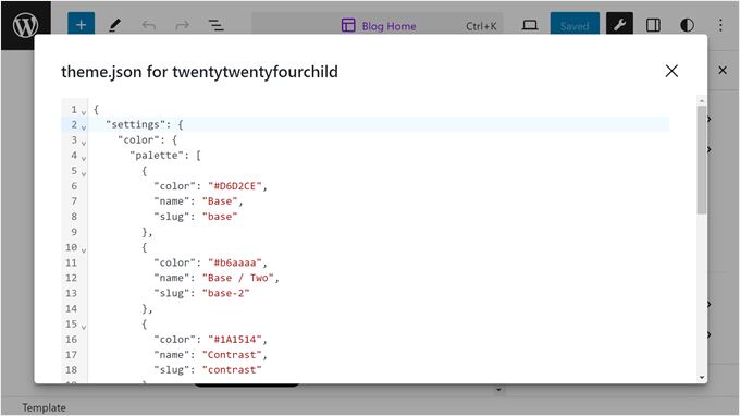 Viewing the newly edited theme.json in Create Block Theme