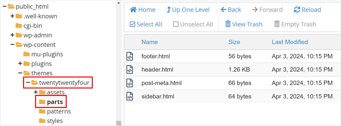 The block theme's parts folder seen in Bluehost file manager