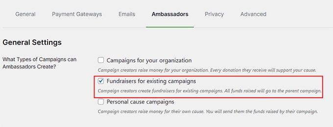 Select Fundraisers for existing campaigns option