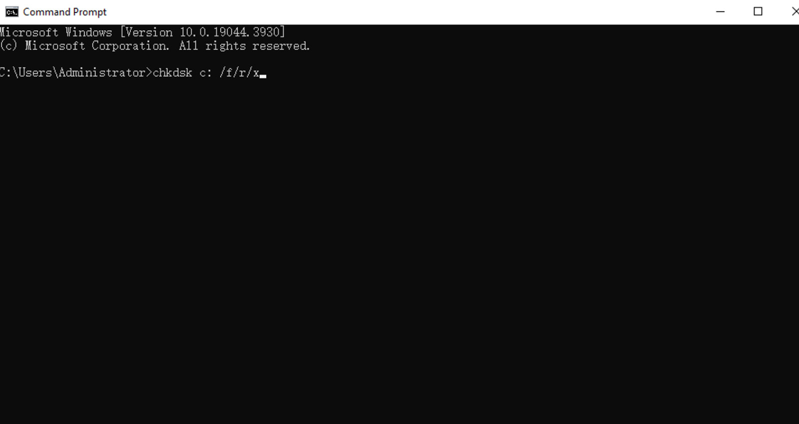 Entering CHKDSK command in Command Prompt