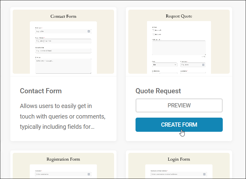 Quote Request template - Create Form button highlighted.