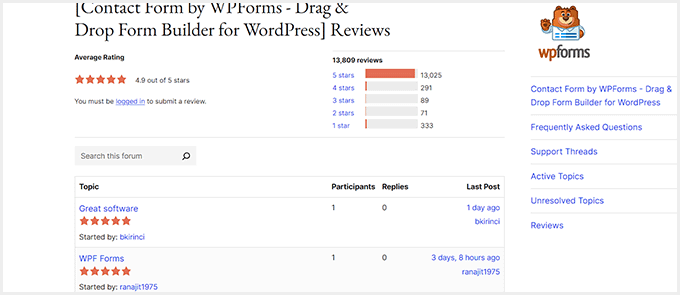 WPForms customer reviews