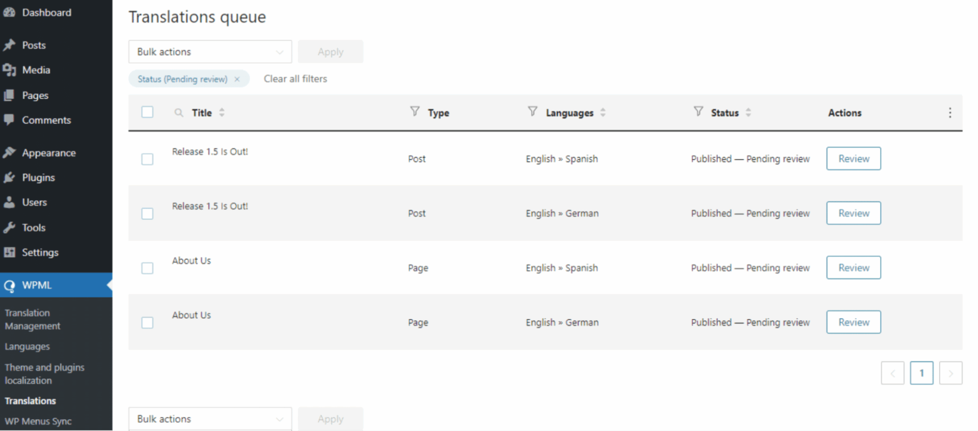 WPML plugin interface for automatic translation