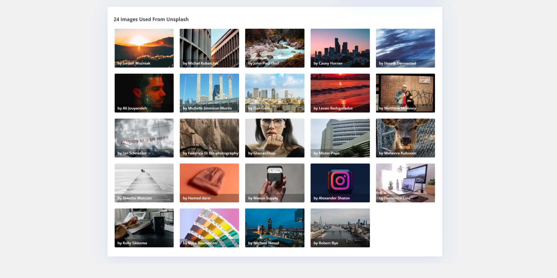 A screenshot of Divi Quick Sites' included images from Unsplash