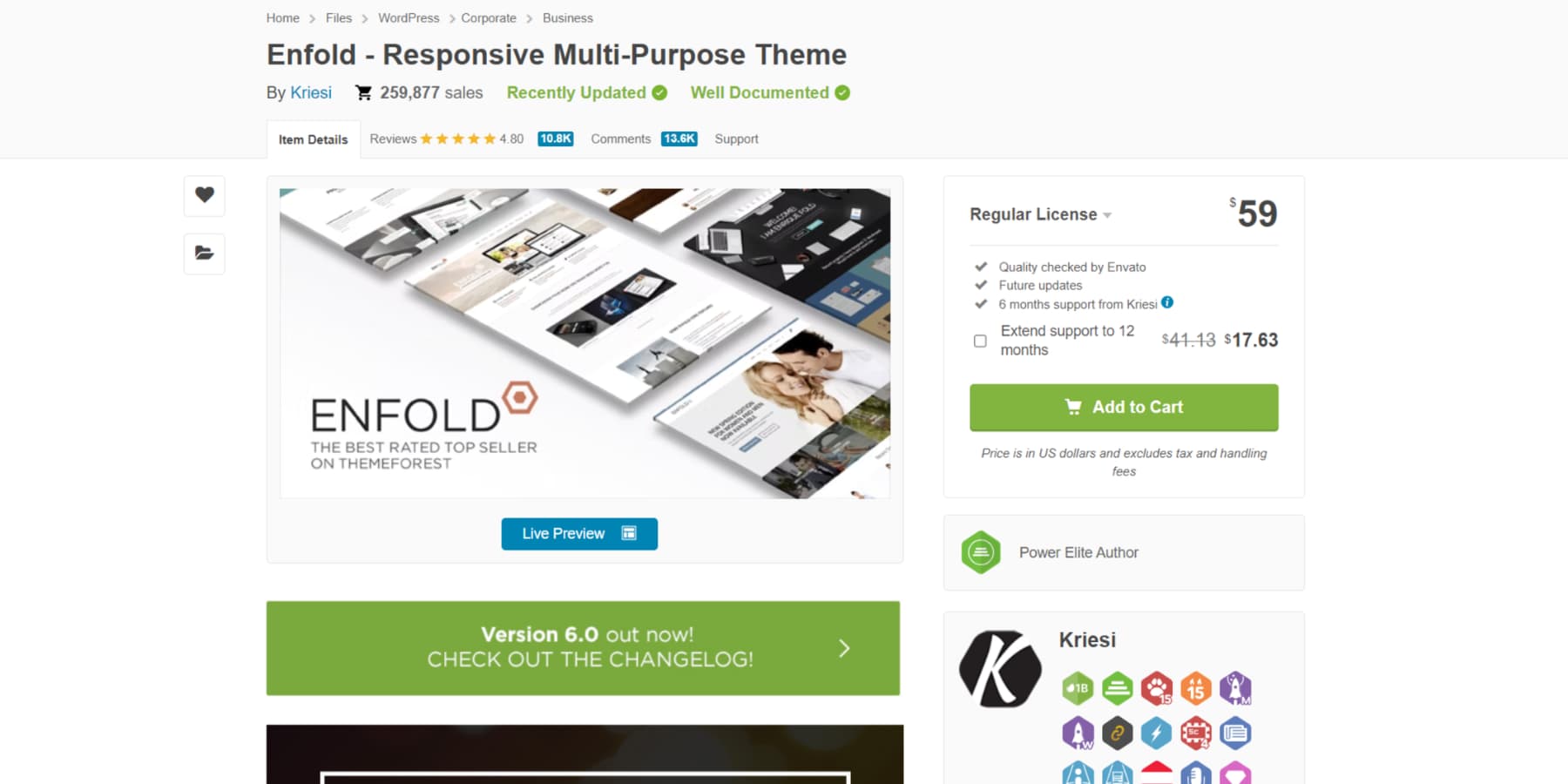 A screenshot of Enfold's homepage on Themeforest