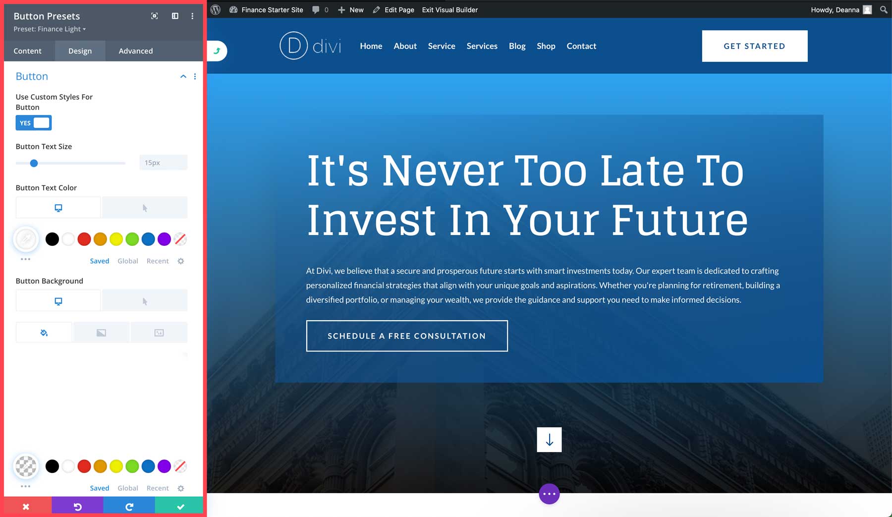 Finance starter site for Divi