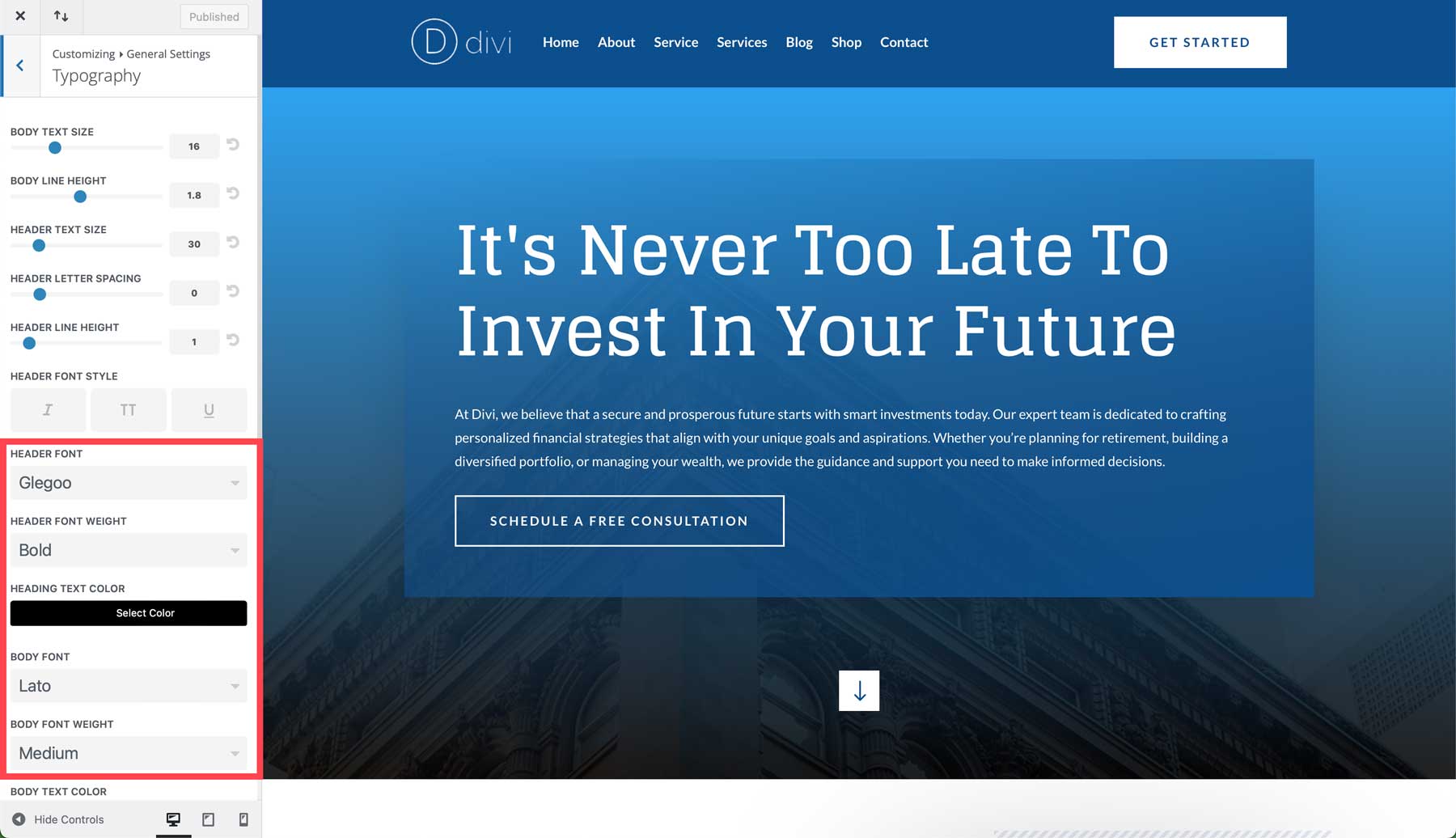 Finance starter site for Divi