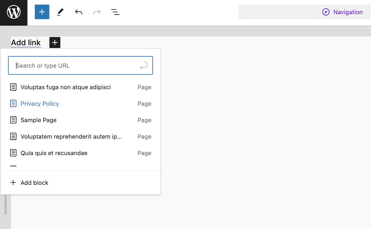 A close-up of the Navigation Block within WordPress, showing the Add link menu. The menu displays a search bar to enter a URL and a list of pages including Privacy Policy and Sample Page. Icons for adding content and navigating are visible in the top toolbar.