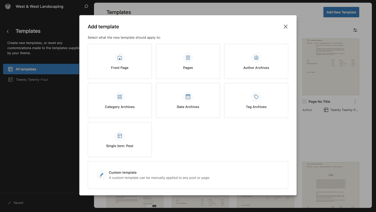 Adding a new template within the WordPress Site Editor. It shows options to add templates for different page types such as Front Page, Pages, Author Archives, Category Archives, and more.