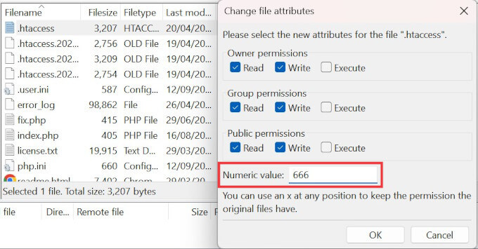 Change file attributes for the .htaccess file to 666